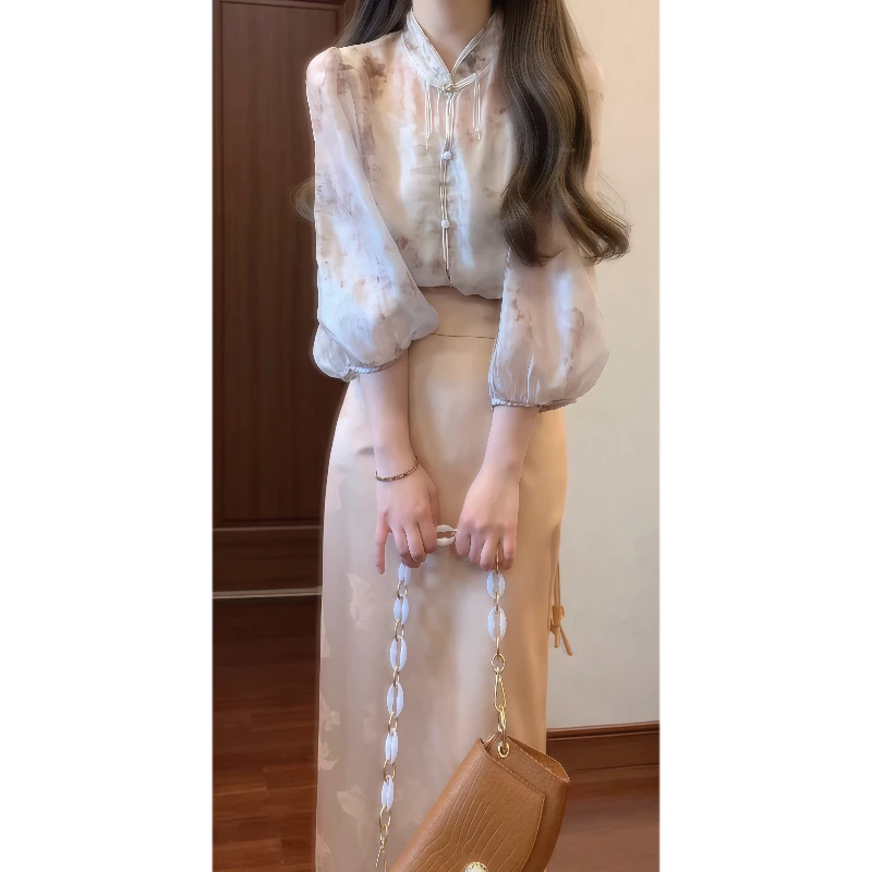 新中式国风立领盘扣衬衫上衣&提花高腰半身裙禅意套装裙9206