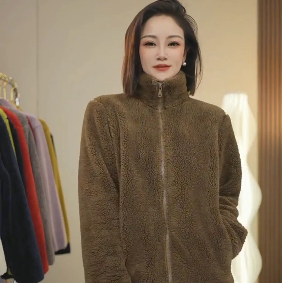 女款立领长绒摇粒绒拉链茄克珊瑚绒加绒保暖秋冬季时尚外套