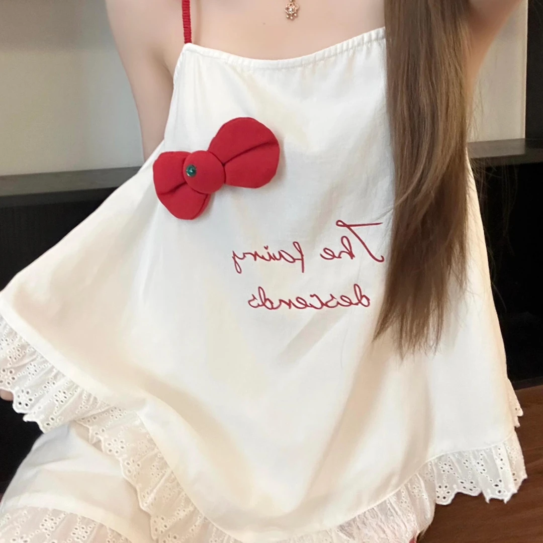 夏季公主风蝴蝶结少女可调节吊带睡衣女带胸垫薄款蕾丝甜美家居服