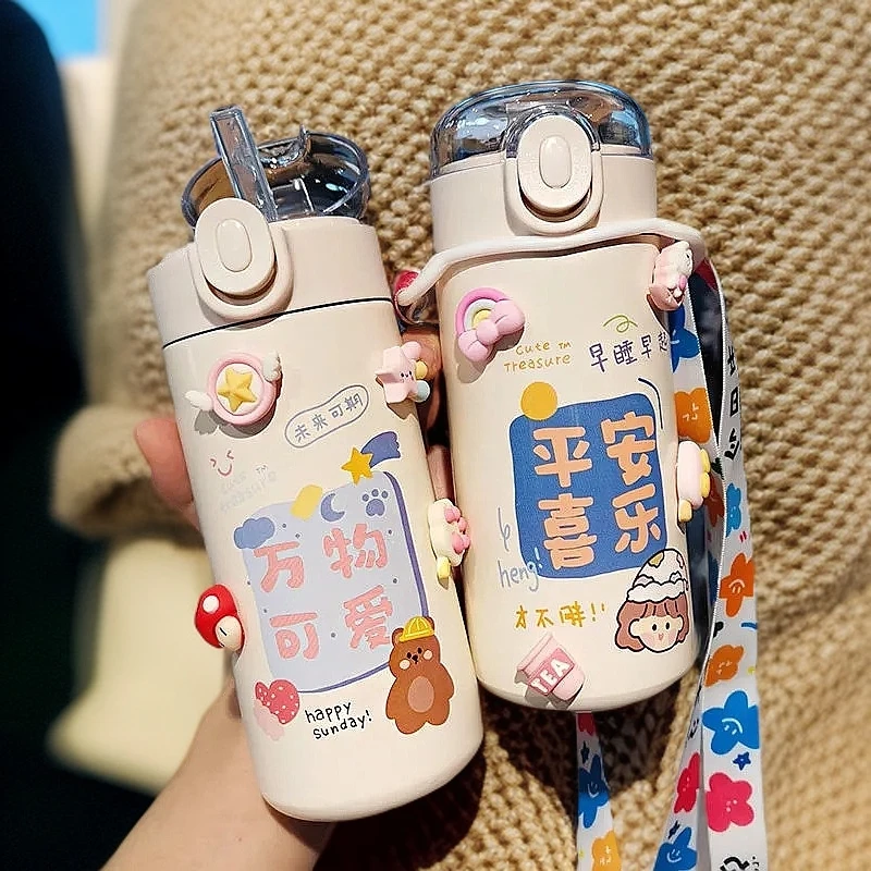弹盖可爱学生便携不锈钢保温水杯简约清新森系斜挎卡通杯子女