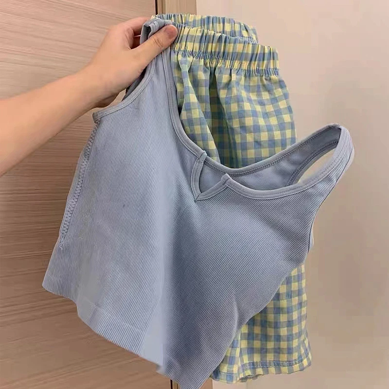 夏季带胸垫吊带睡衣女无袖运动背心碎花短裤可外穿夏天家居服套装