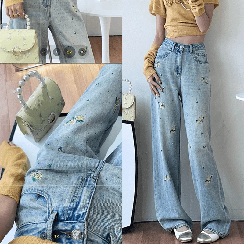 【早秋新款】新款重工烫钻绣花高腰显瘦百搭牛仔裤女！