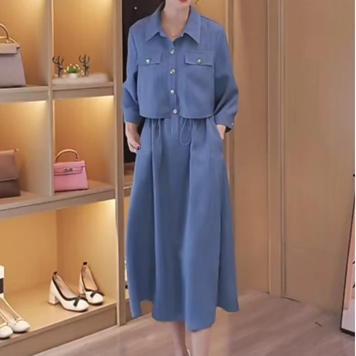 P 春季高级感收腰显瘦假两件翻领连衣裙