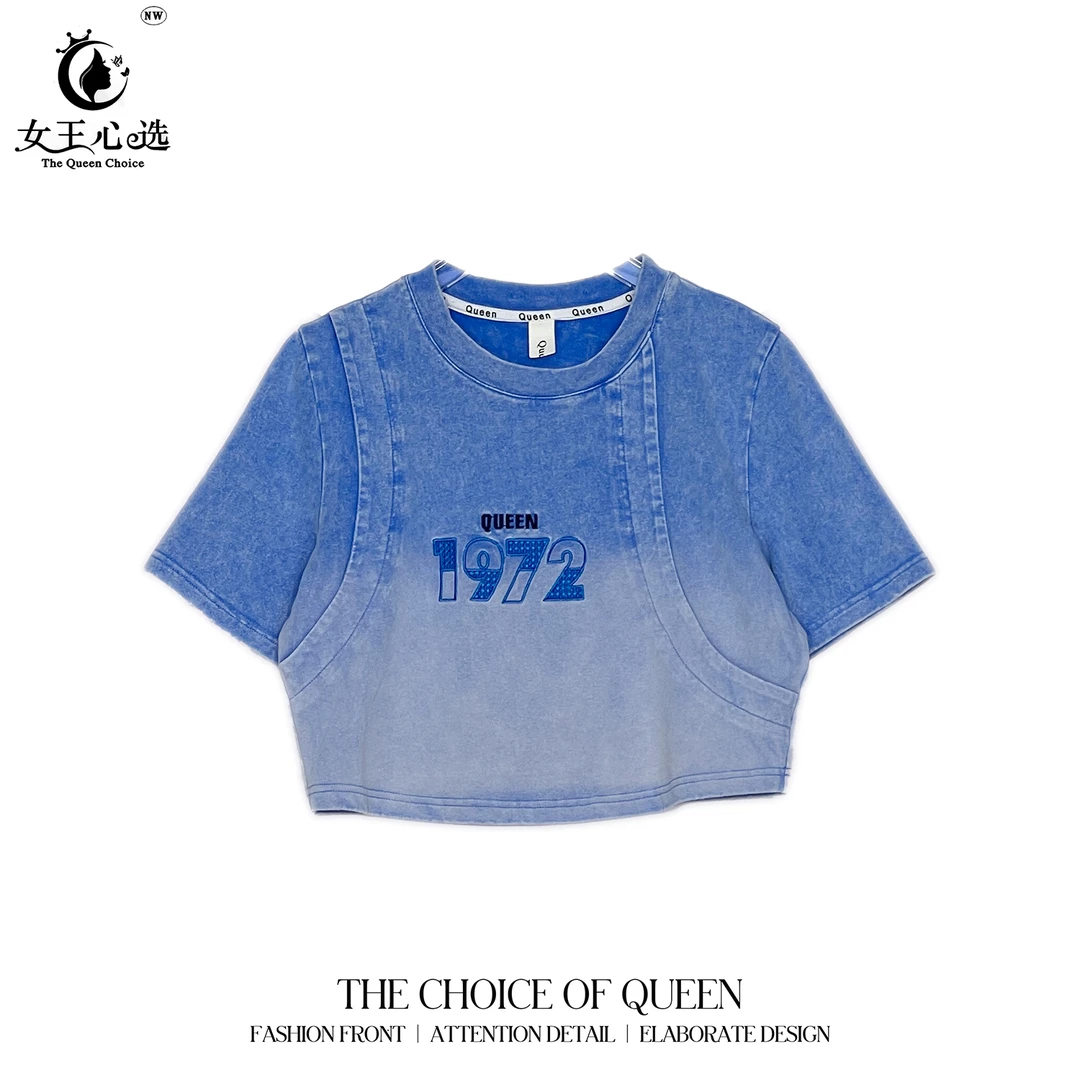 【笑姐定制】D92656 原创洗水做旧渐变1972字母刺绣显瘦短袖