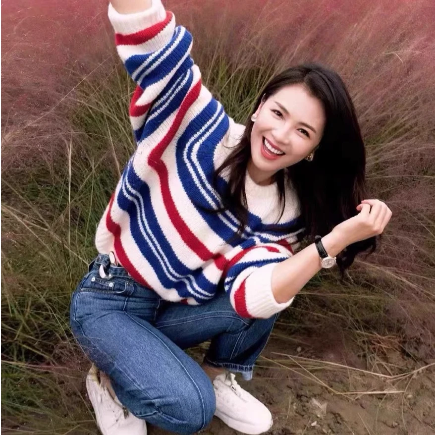 【彩虹】2025长袖时尚百搭宽松慵懒风新款条纹针织衫圆领毛衣