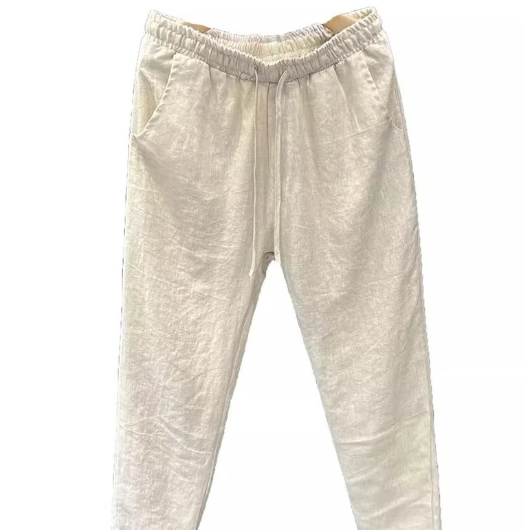 国潮潮牌亚麻裤子男士夏季薄款中国风复古宽松直筒百搭休闲九分裤