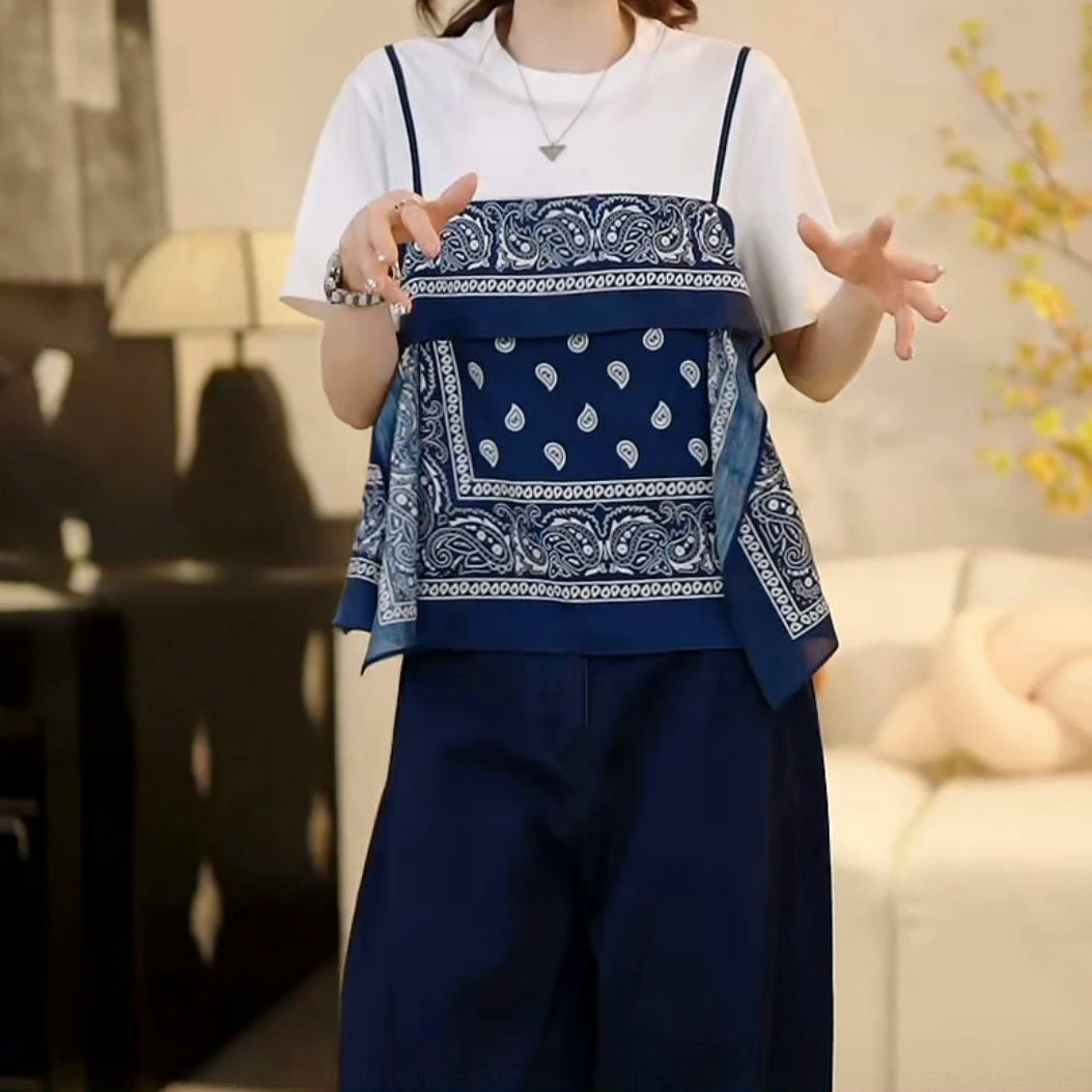 设计师高定轻奢假两件拼接设计感短袖T恤女2025夏季新款圆领上衣