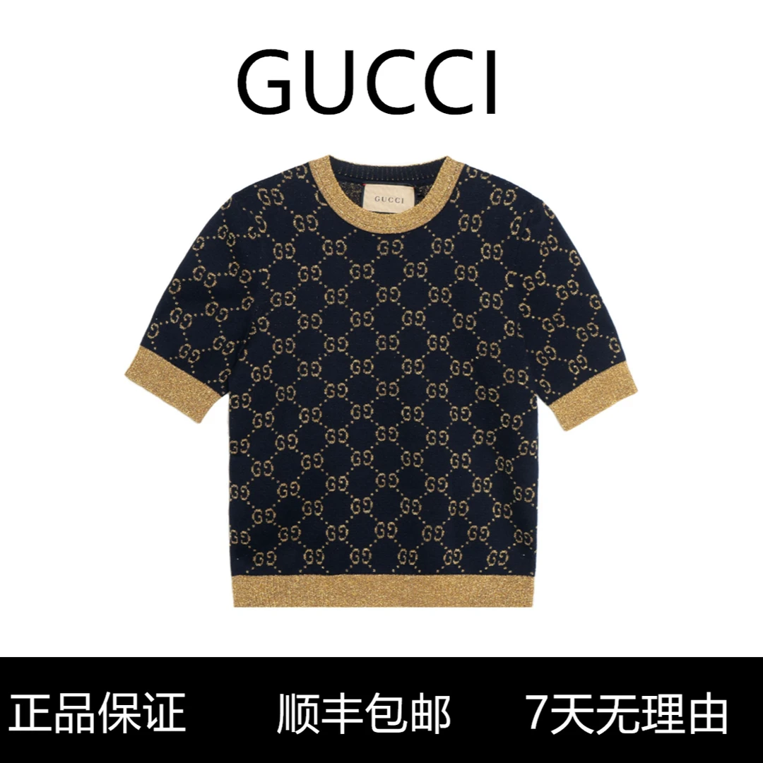 GUCCI古驰 GG棉质金银丝线短袖 常规T恤女款藏青色