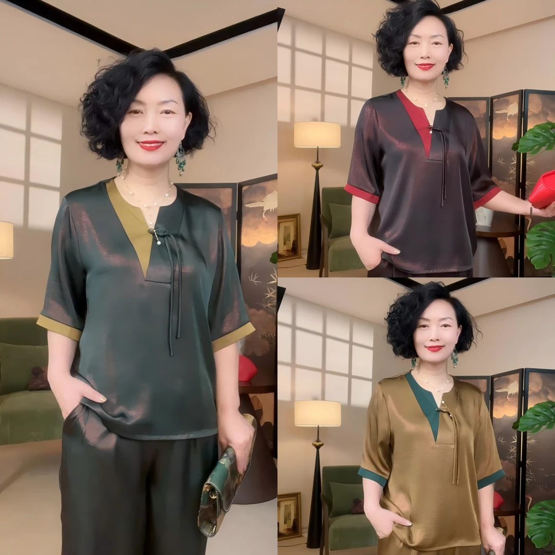 【时光】夏季高级显色V领大码女装气质新款上衣5分袖中淑时尚休闲