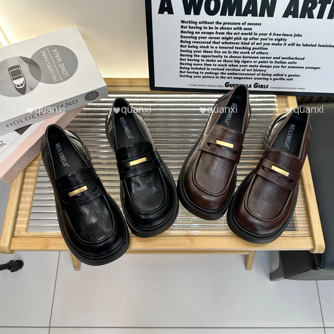 英伦风圆头厚底鞋女2025秋季新款一脚蹬皮鞋舒适显脚小通勤JK单鞋