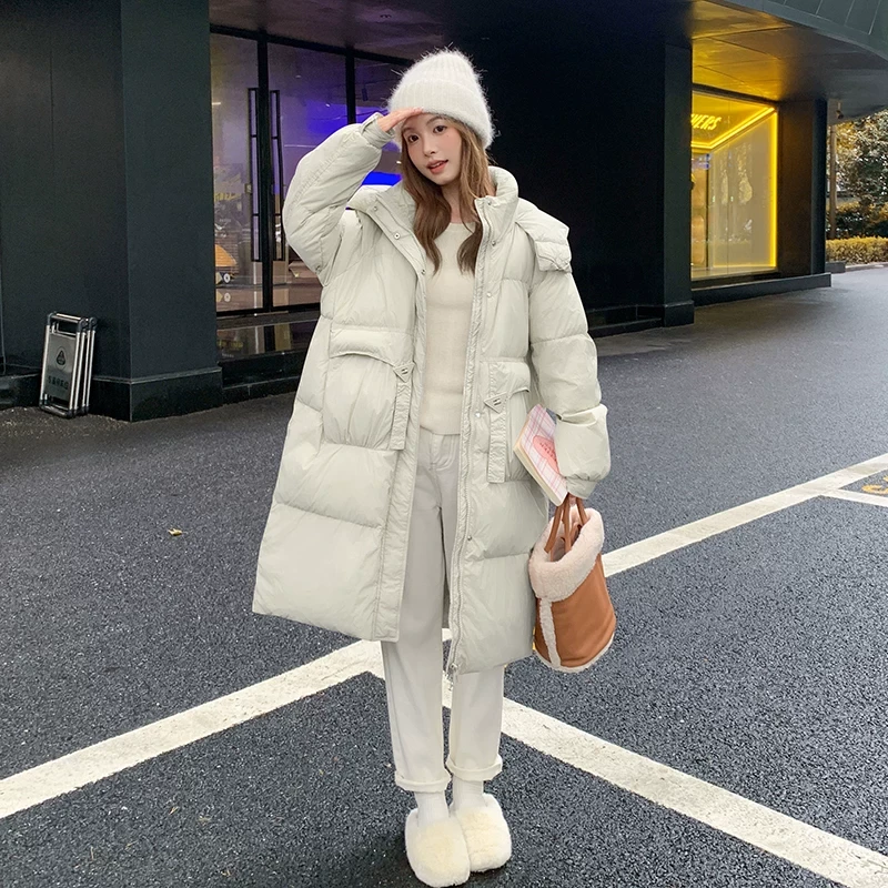 反季新款白鸭绒羽绒服中长款三角扣配饰羽绒外套时尚女士连帽宽松