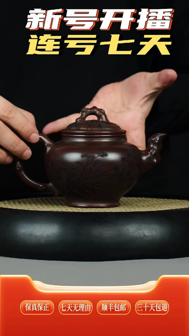 茶壶紫砂龙山古乌泥  岁寒三友刻绘  报春
