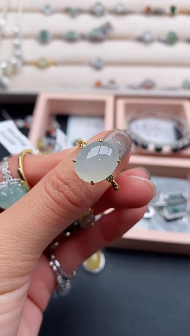 银S925镶嵌戒指翡翠缅甸天然A货翡翠44  1-