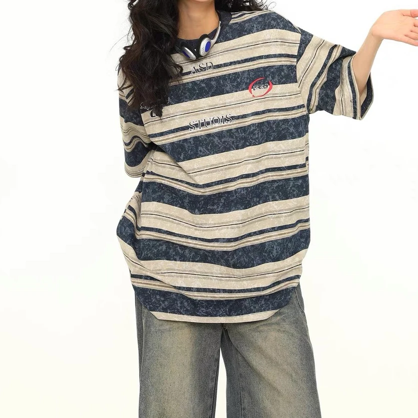 美式独特设计感小众条纹短袖t恤男女夏季ins港风潮牌别致上衣