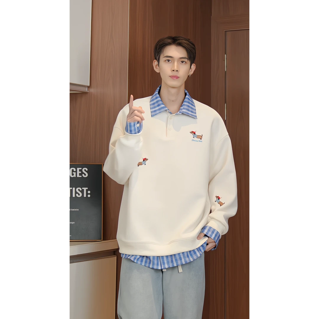 春季新款大码假两件美式男士卫衣休闲时尚潮流ins百搭腊肠狗上衣