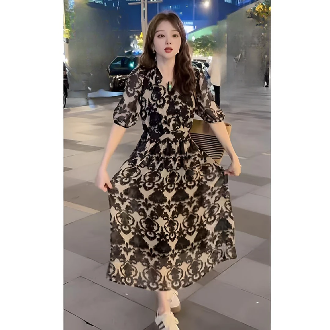 法式收腰轻奢复古显瘦夏季高品质直喷立体感印花气质时尚连衣裙