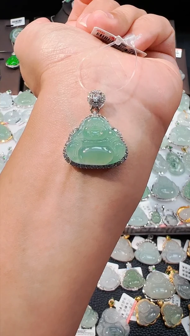 项链银S925镶嵌翡翠佛公吊坠