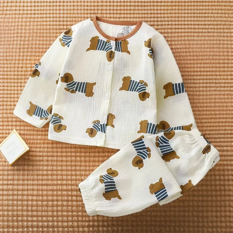 100%棉夏季儿童纯棉家居服宝宝双层棉纱睡衣小童长袖长裤卡通洋气