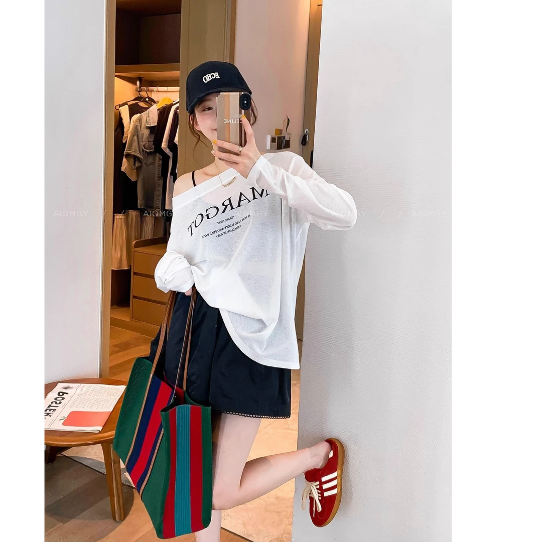 白色斜领长袖字母印花T恤女2025早秋新款罩衫宽松小个子薄款上衣