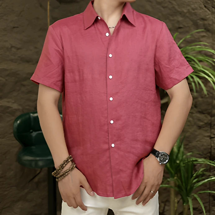 【100%亚麻】高端休闲男士糖果色进口亚麻短袖衬衫亚麻衬衫男短袖