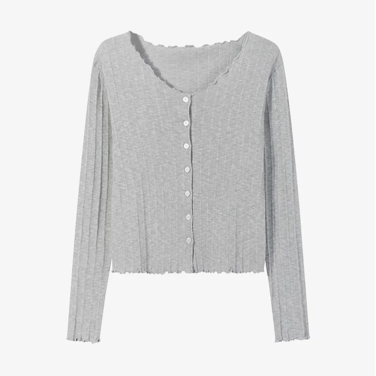 羊城故事-木耳边V领开衫外套女百搭薄款宽松短款上衣10852