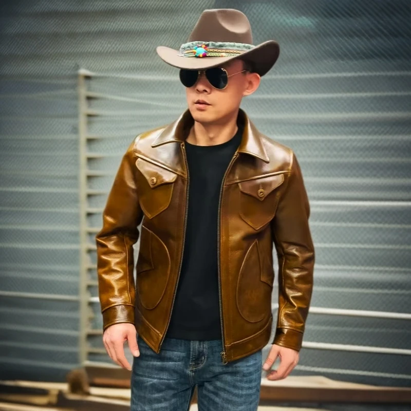 头层油蜡黄牛皮男款外套门多萨复古时尚帅气潮流翻领做旧真皮皮衣