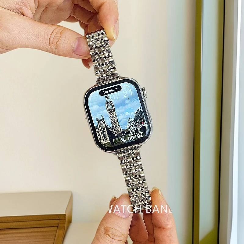 适用Appleiwatch11S10S987SE七珠细款小蛮腰钢带金属表带高级感女