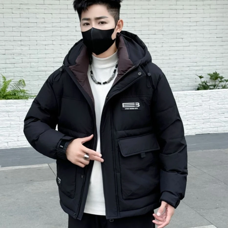 【现货羽】冬季新款纯色小标大口袋潮时尚休闲连帽棉外套库8881*东2