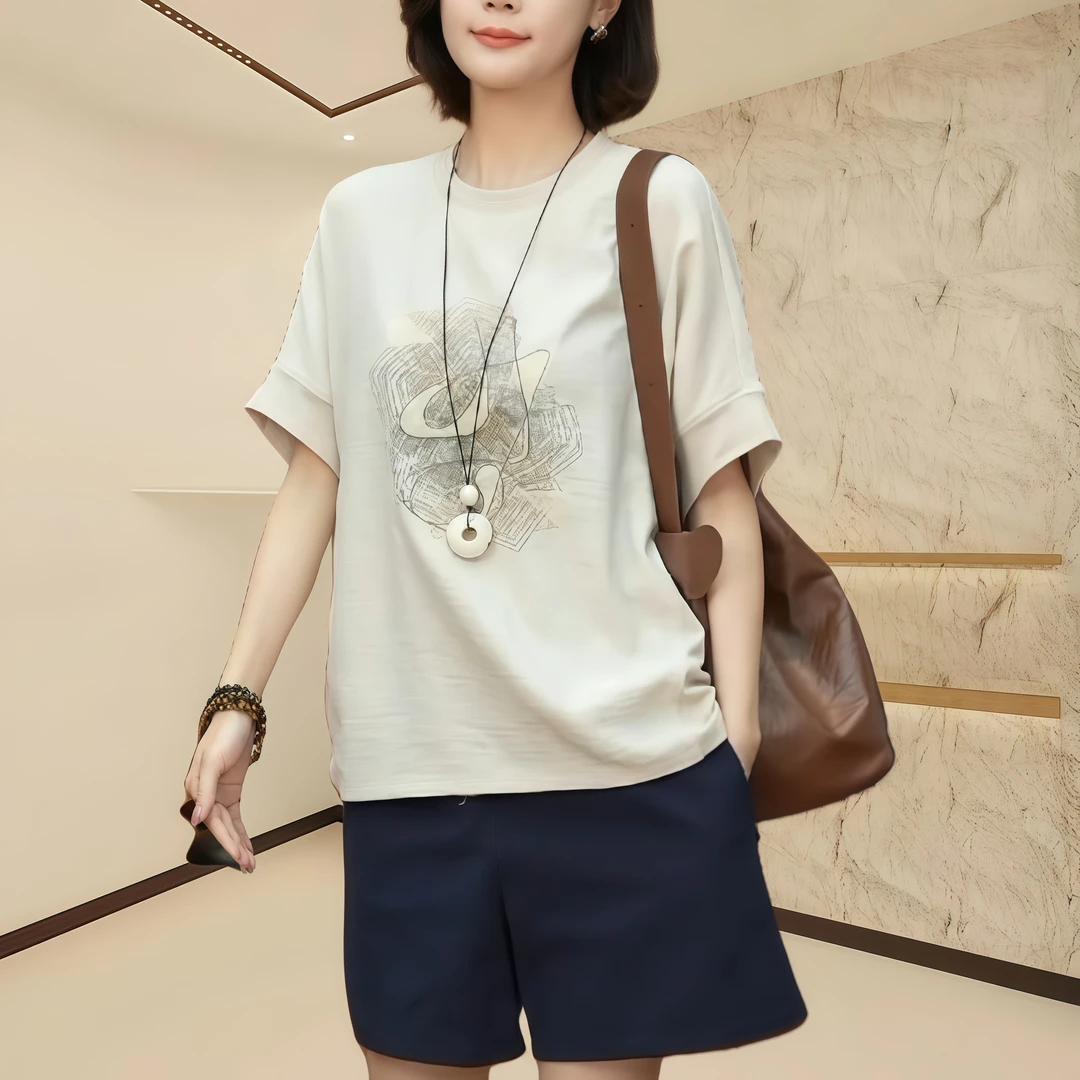 时尚百搭圆领休闲短袖T恤2025夏季新款气质显瘦宽松显瘦短袖