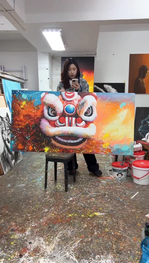 【闪购商品】丙烯画大树老师横板醒狮彩色加框