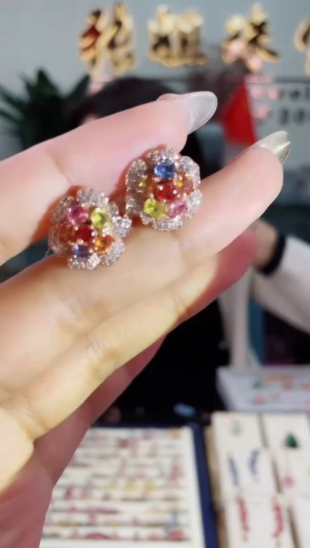 【闪购商品】彩色蓝宝石耳饰银S925镶嵌耳耳饰