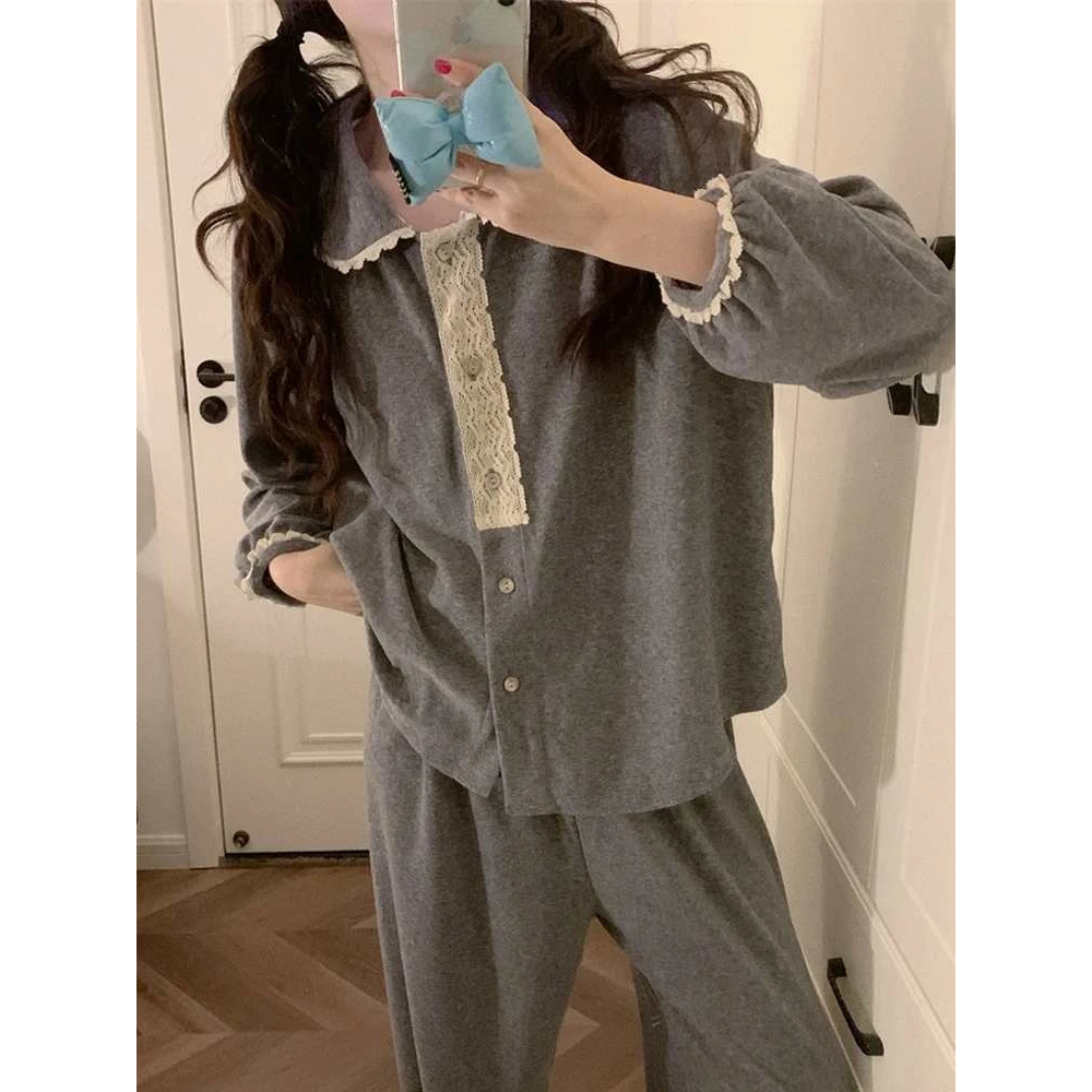 灰色睡衣女秋冬季新款薄绒高级感甜美可爱娃娃领毛巾绒家居服套装