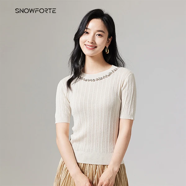 圆领钉钻短袖抽条纯色桑蚕丝针织衫