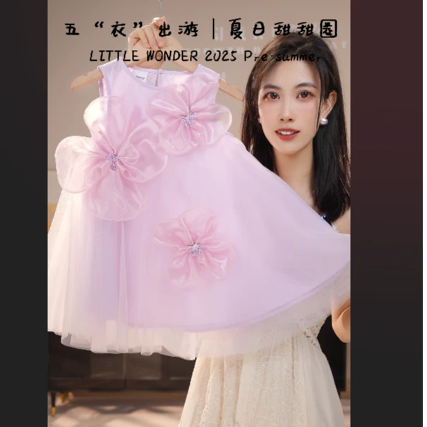 女童新款潮流紫色系夏日立体大花朵蓬蓬纱连衣裙