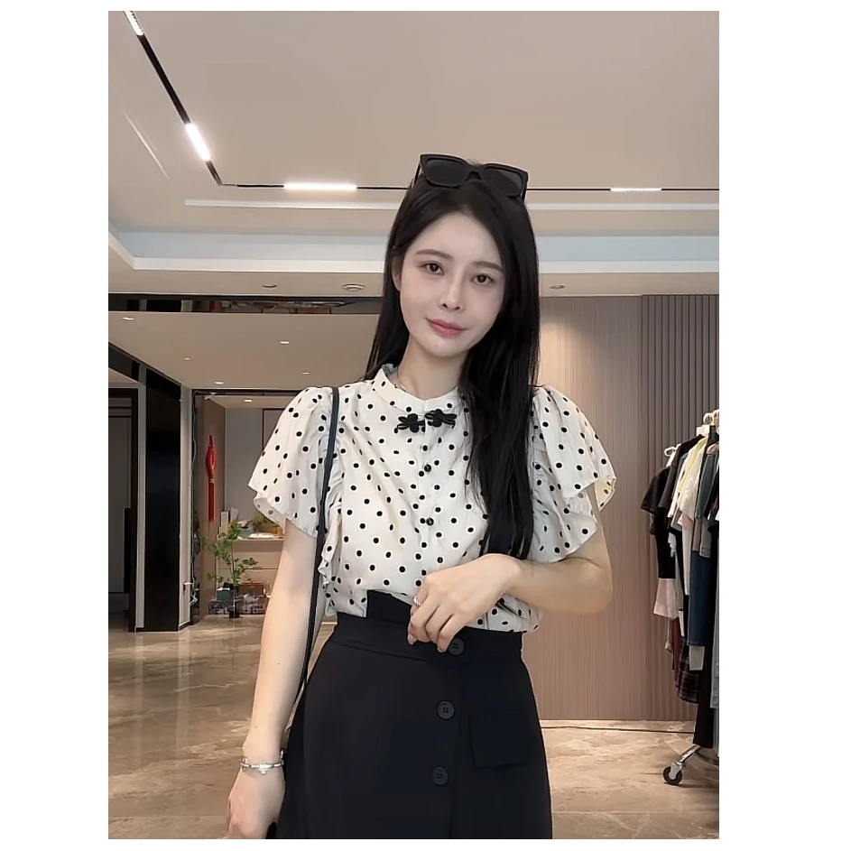 宿慕女士时尚百搭短袖小衫夏季新款气质设计感波点衬衫女79