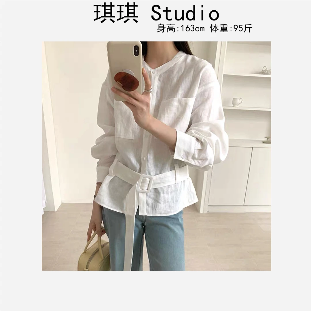 春季新款气质时尚带腰带单排扣纯色简约显瘦减龄百搭衬衣25152-C