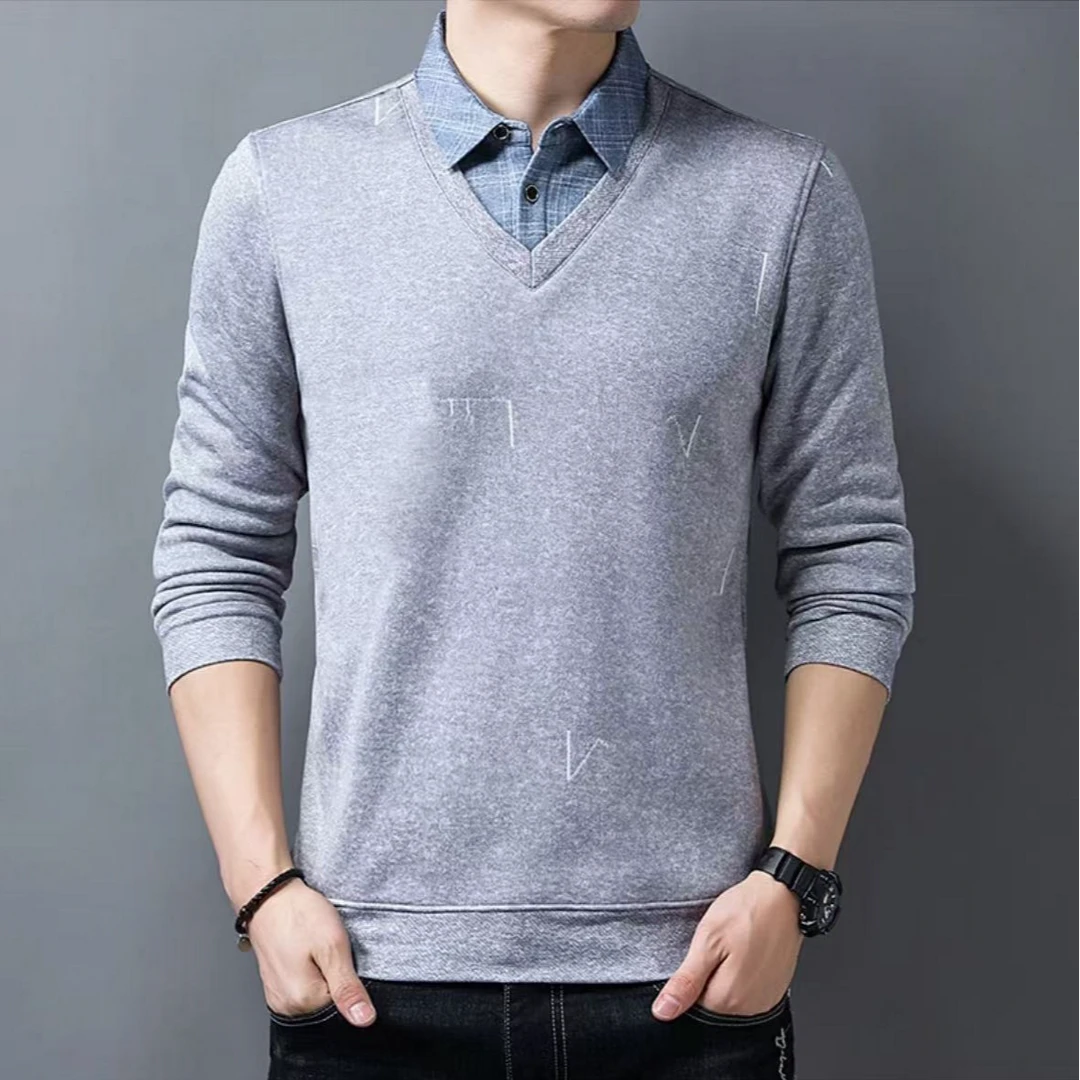 中年男士假两件加绒衬衫保暖针织衫冬季长袖上衣