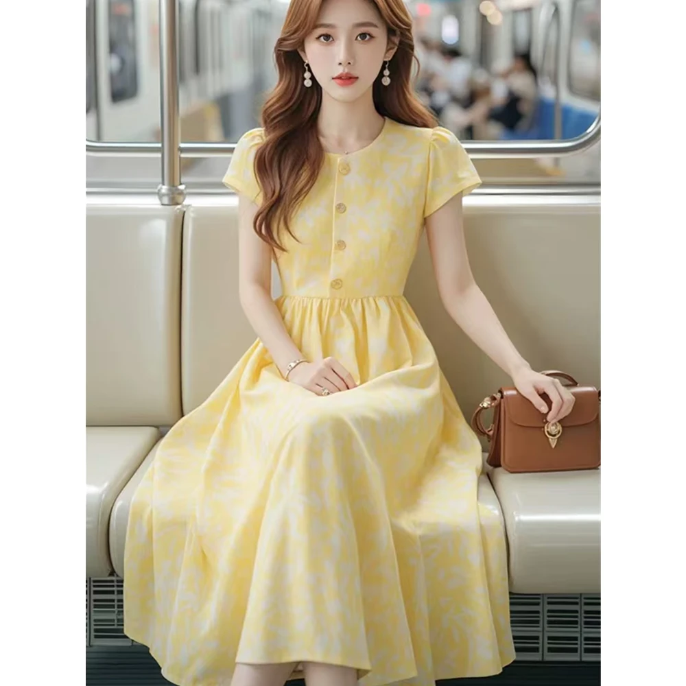 哥弟阿玛施正夏季气质轻熟赫本风黄色印花优雅中长收腰短袖连衣裙