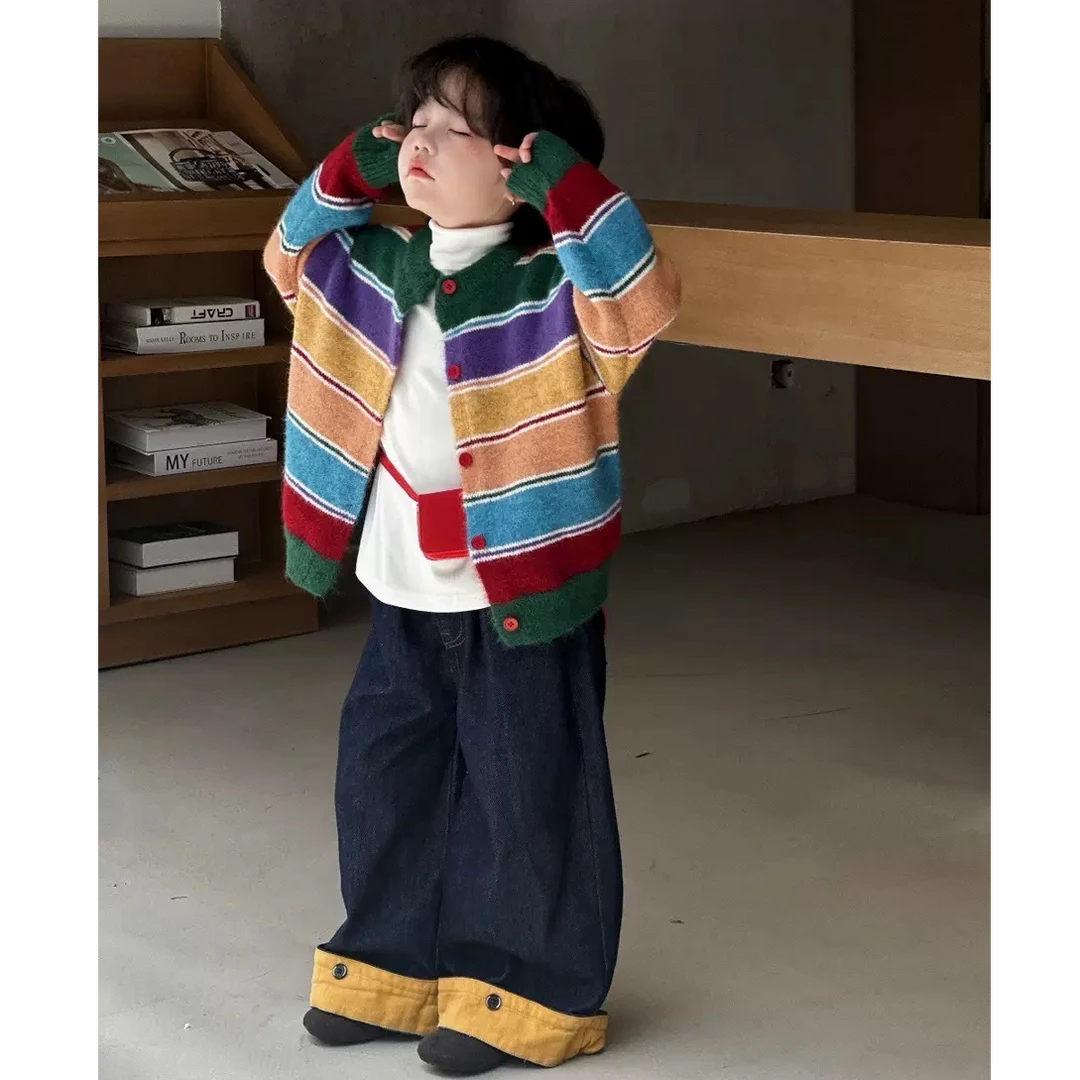 壹妈韩版童装男童秋装套装洋气儿童彩色条纹针织开衫外套上衣裤子