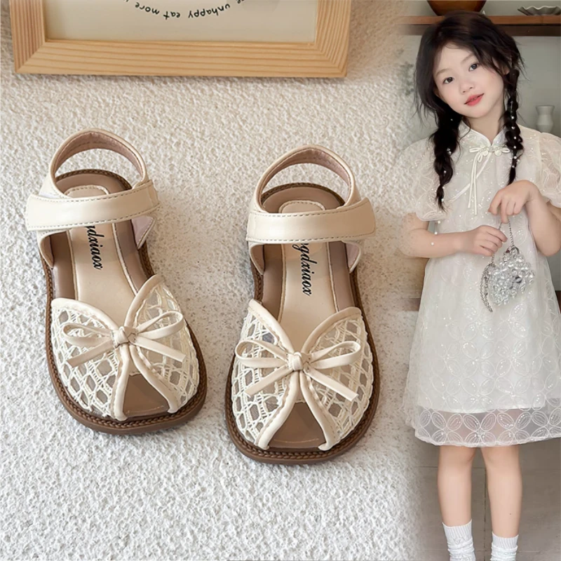 ABC女童凉鞋2025夏季新款蝴蝶结包头软底鞋小女孩编织甜美公主鞋