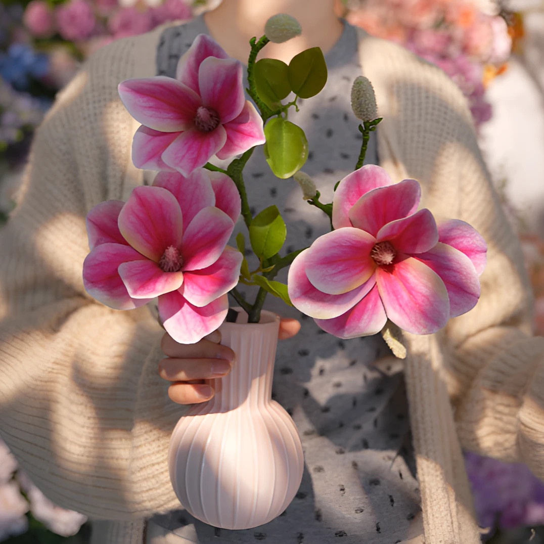 玉兰花 深粉色手感软胶材质 客厅花 摆件花材 假花仿真花