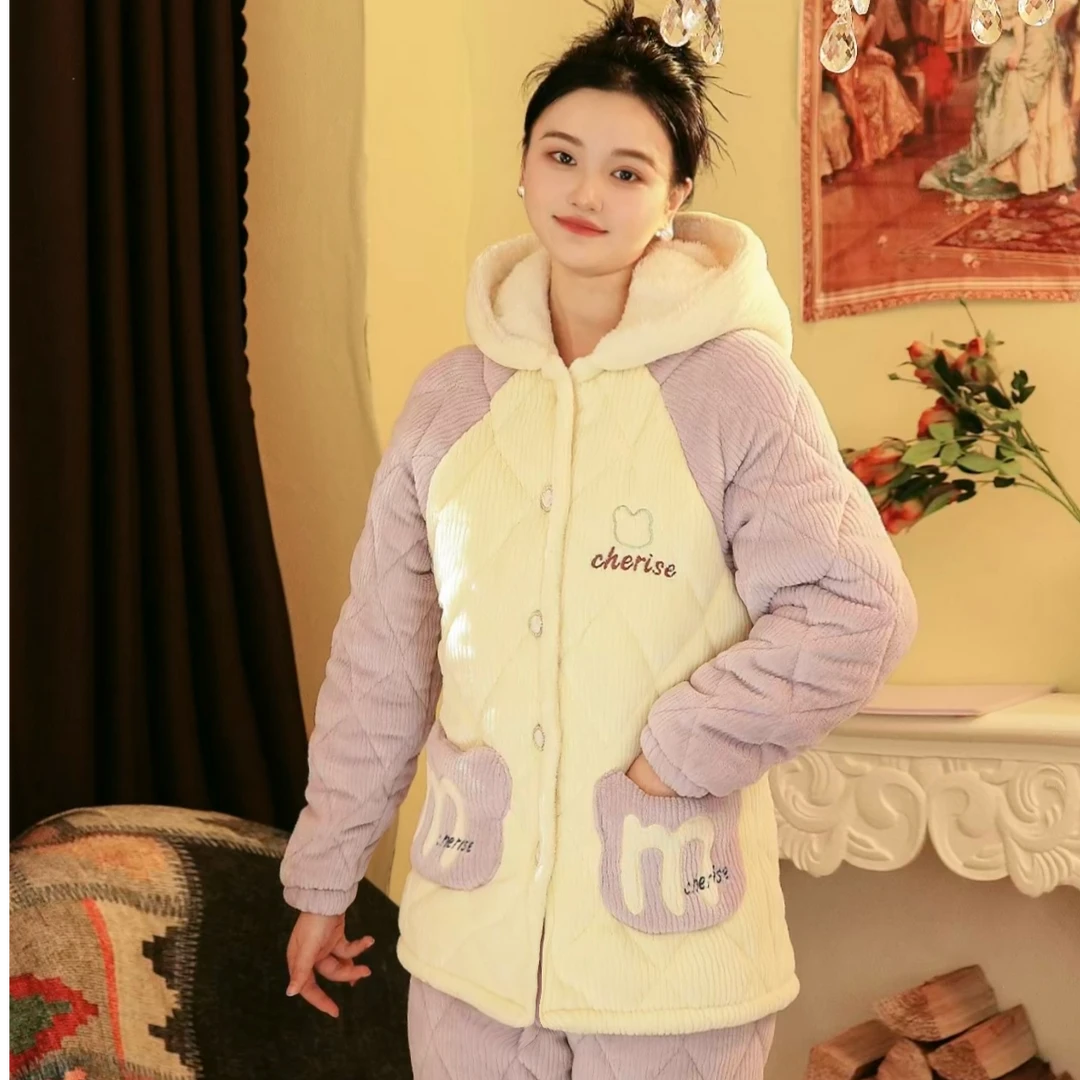 【可爱连帽】冬季女士新款睡衣加绒加厚高工艺家居服套装保暖可外穿