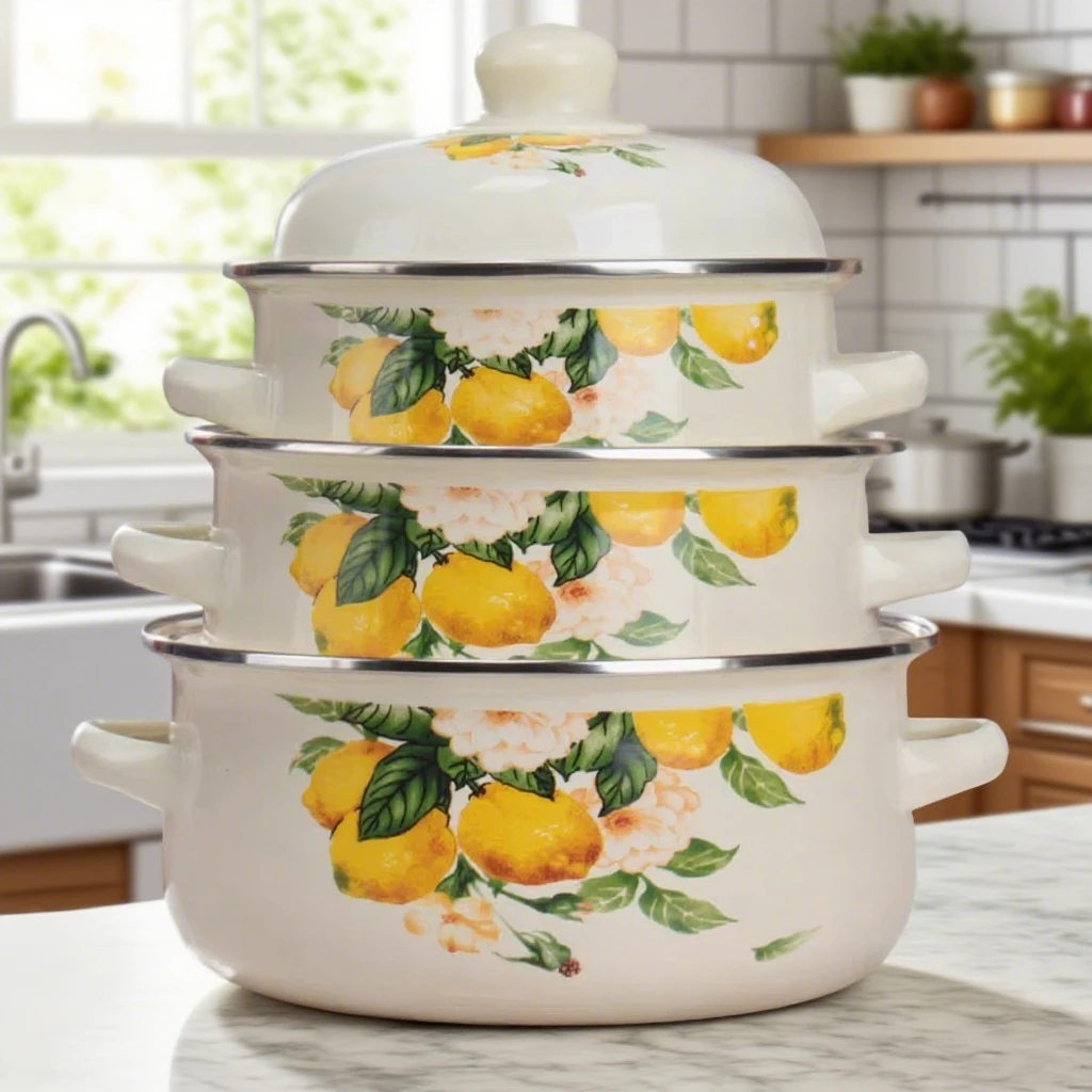 【七喜】汤锅三件套柠檬 搪瓷珐琅汤锅 清新田园风多彩炖锅