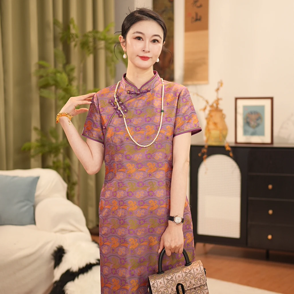 【贺贺·浣花】中国风设计师旗袍桑蚕丝古蜀锦旗袍夏款J6135-1