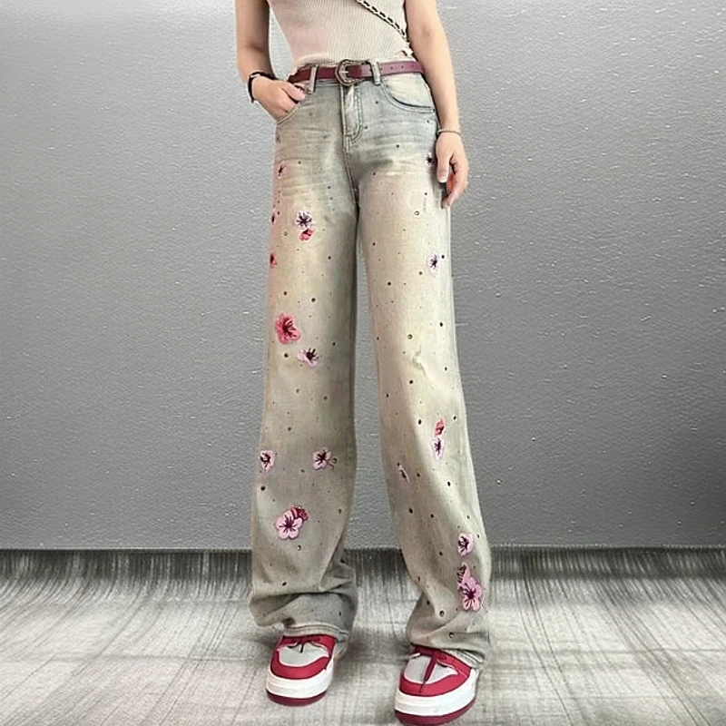 欧洲站欧货2025春季新款樱花烫钻直筒阔腿裤女休闲宽松百搭牛仔裤