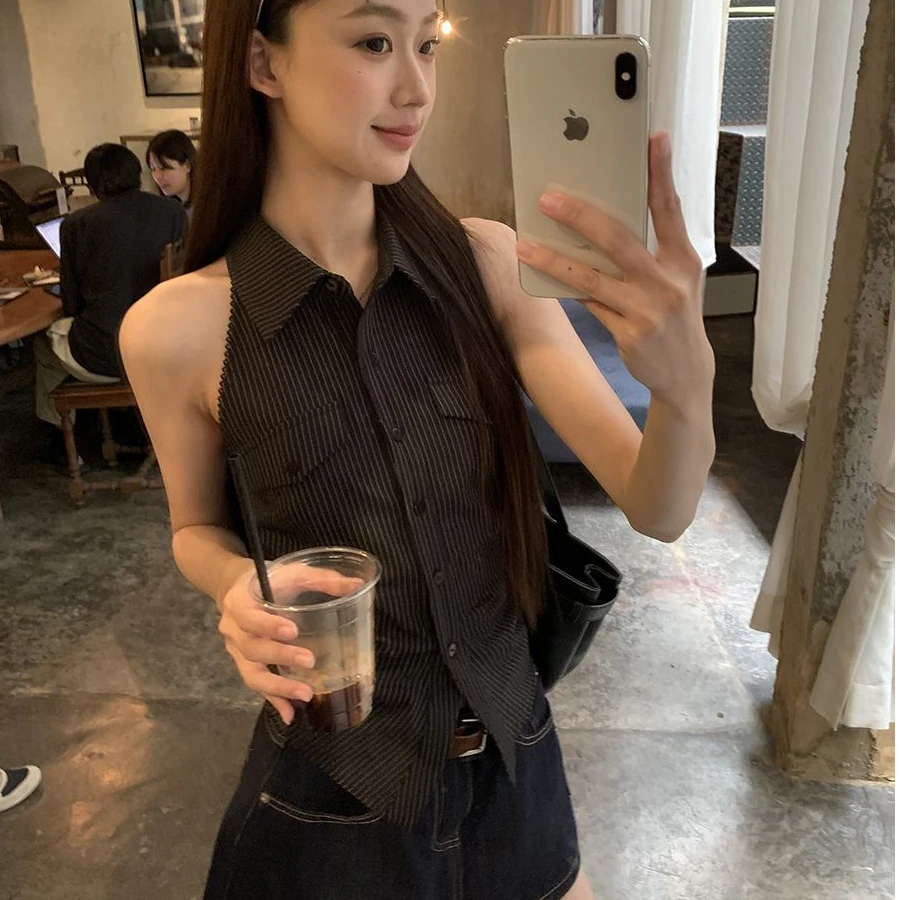 条纹衬衫女夏季2025新款爆款法式上衣漂亮露背收腰黑色无袖衬衫