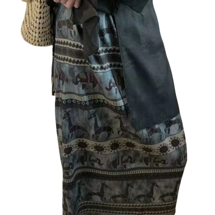 欧货复古印花高腰小象半身裙女2025夏新设计感百搭显瘦开叉a字裙