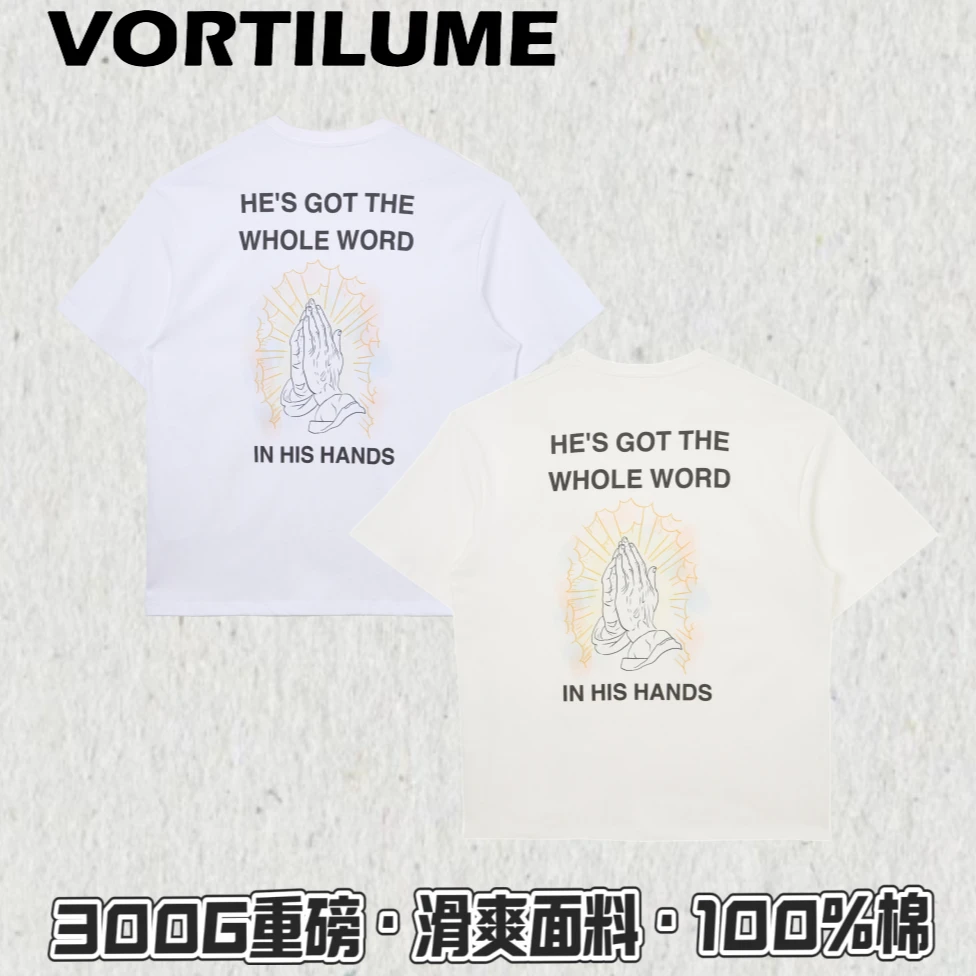 VORTILUME300g重磅纯棉男士佛手美式风丝滑面料t恤圆领印花男装