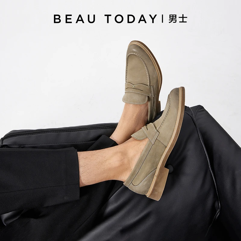 BeauToday【磨砂牛皮】乐福鞋男士真皮豆豆鞋一脚蹬牛皮软底秋上新