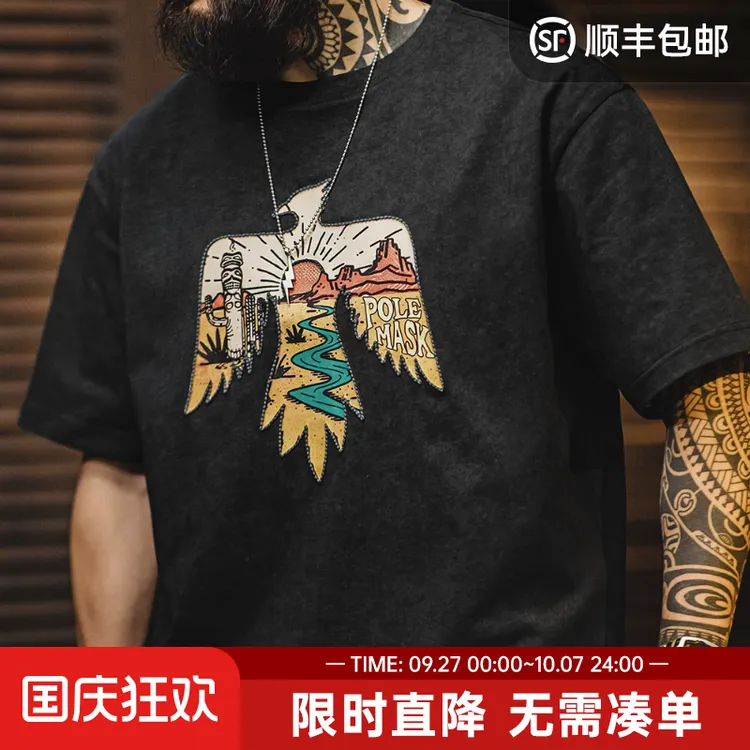 马登工装美式复古印第安雷鸟T恤棉重磅民族风刺绣印花短袖男夏季